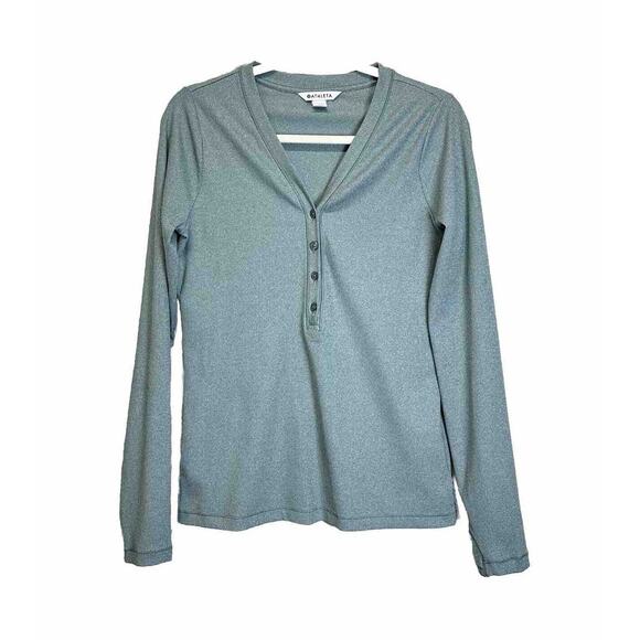 Athleta Women's Top Medium Green Uptempo Ribbed Henley V Neck Long Sleeve Athlet - Picture 2 of 11